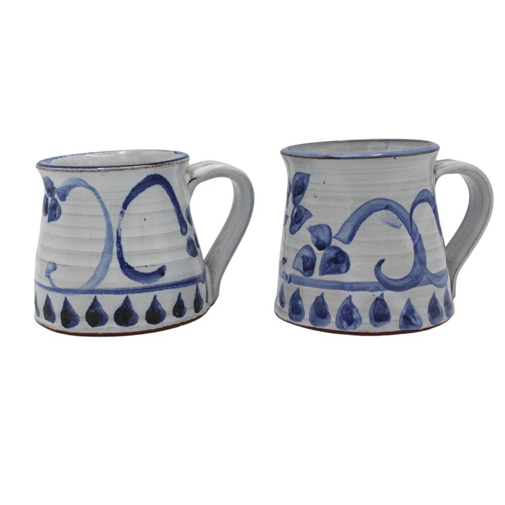 Vintage Ceramic Stoneware Studio Art Hand Painted Blue Floral Espresso Mugs - Picture 2 of 7